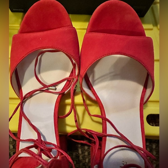 Red Kate Spade Oasis Lace Up Floral Embroidered Suede Heels - Picture 3 of 11